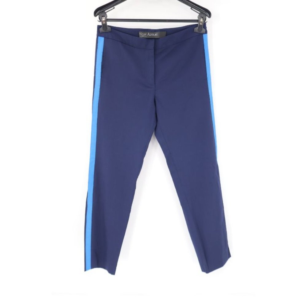 Yigal azrouel Women's 4 wool flat front navy blue striped pants pockets